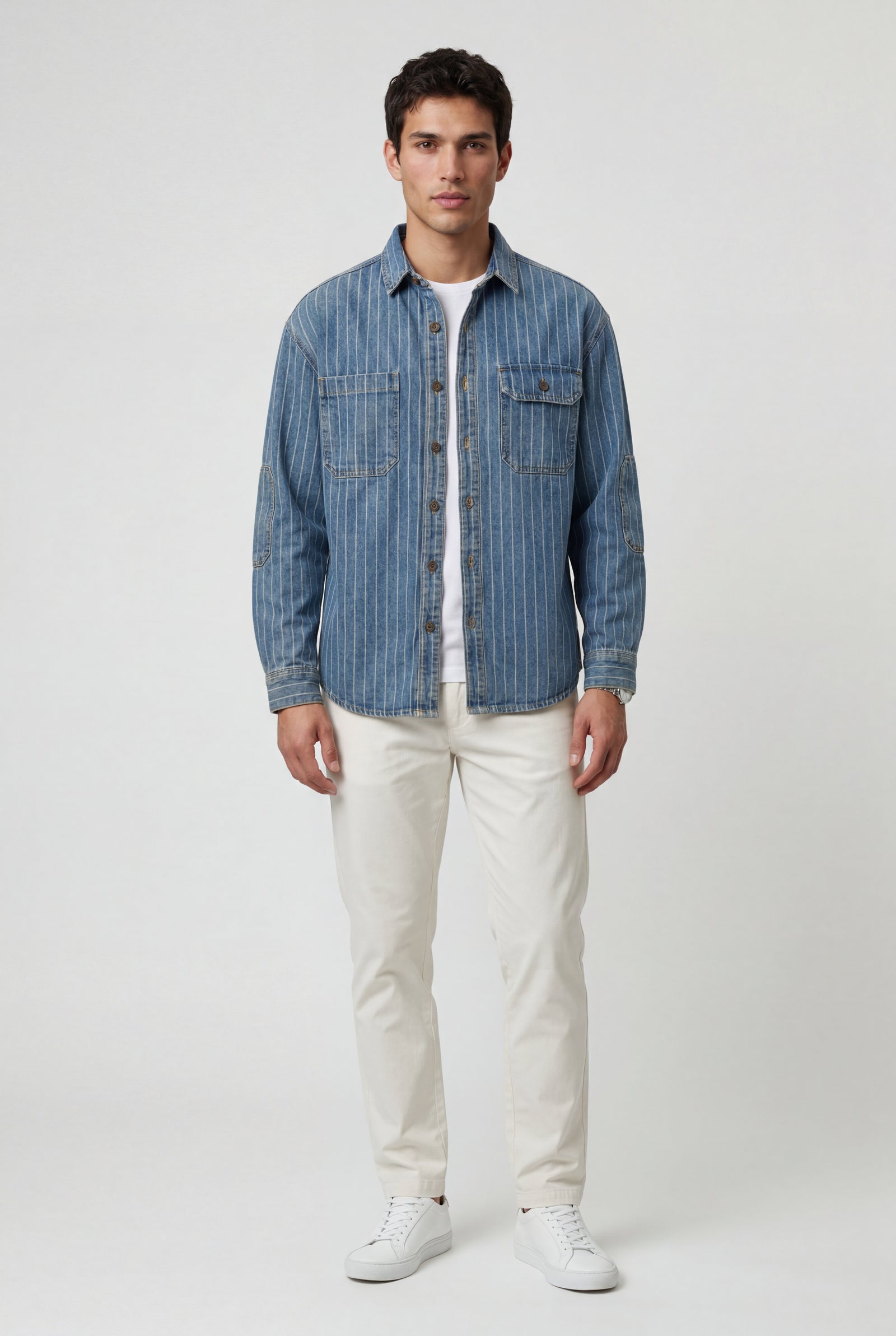 Denim Blue Pinstripe Button-up Shirt with Chest Pockets - Denim shirts - Photo 2