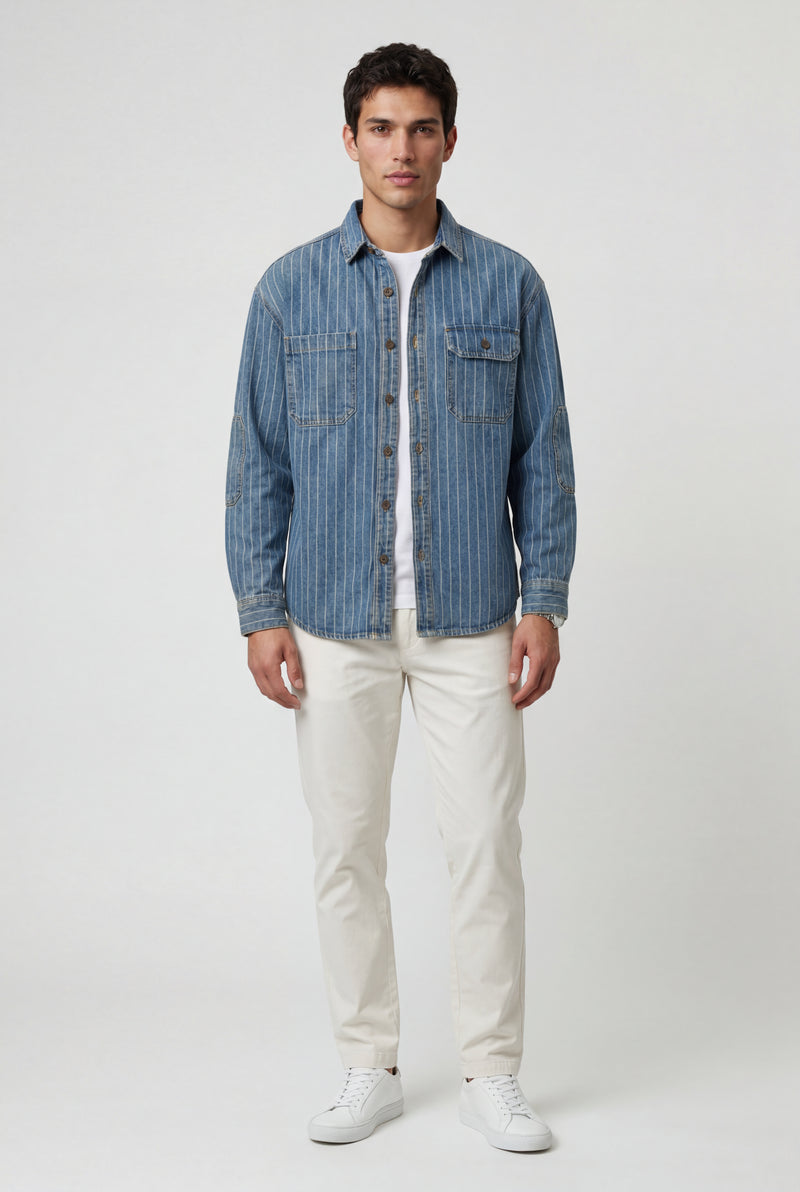 Denim Blue Pinstripe Button-up Shirt with Chest Pockets - Denim shirts - Photo 2