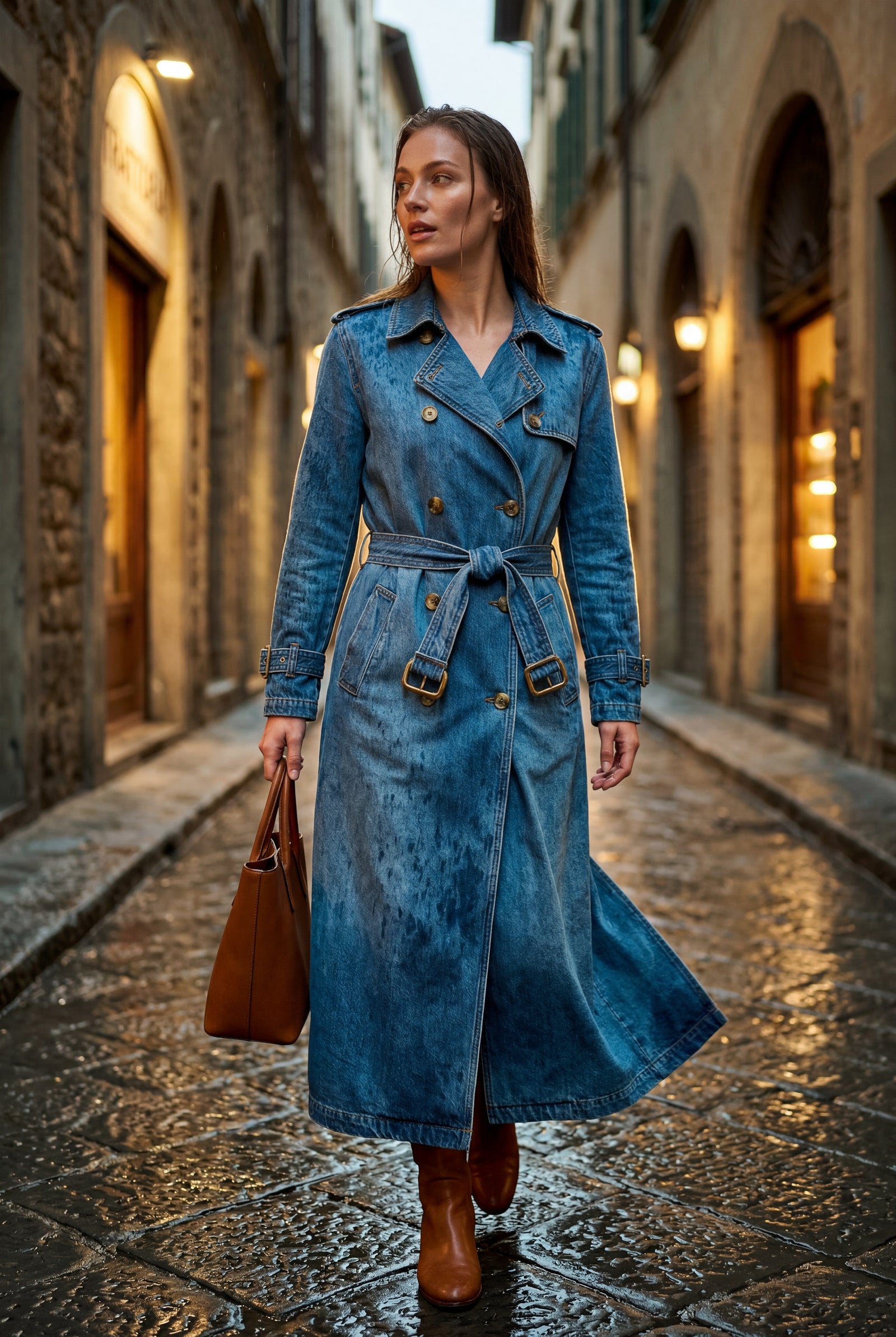 Denim Blue Women's Double-Breasted Belted Blue Trench Coat - Photo 4