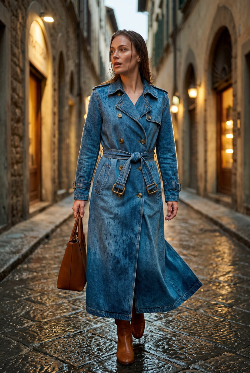 Denim Blue Women's Double-Breasted Belted Blue Trench Coat - Photo 4