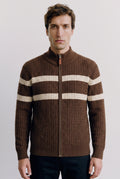 Cable Knit Zip-Front Cardigan in Espresso Brown — studio front