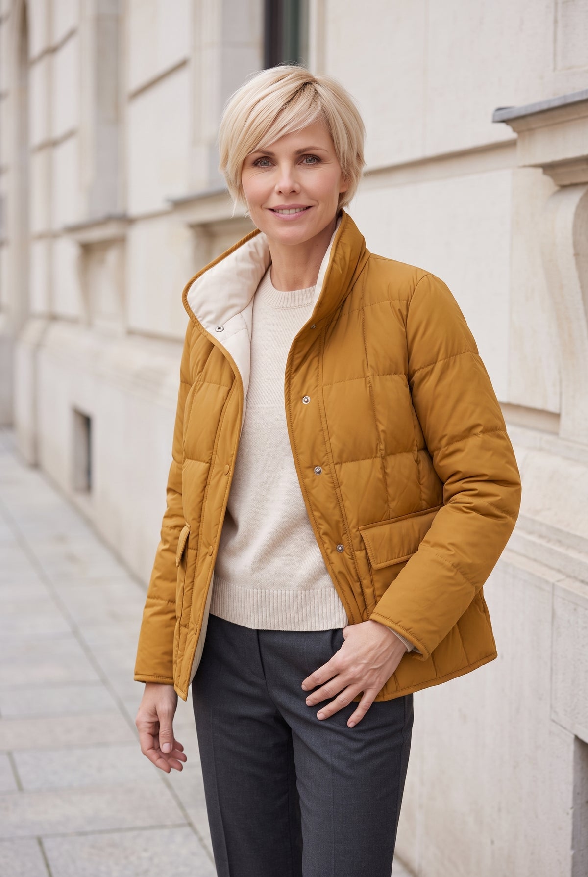 Women's Reversible Quilted Jacket with Stand Collar in Fire Orange — lifestyle