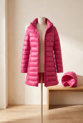 Glossy Hooded Puffer Coat in Fuchsia — studio front
