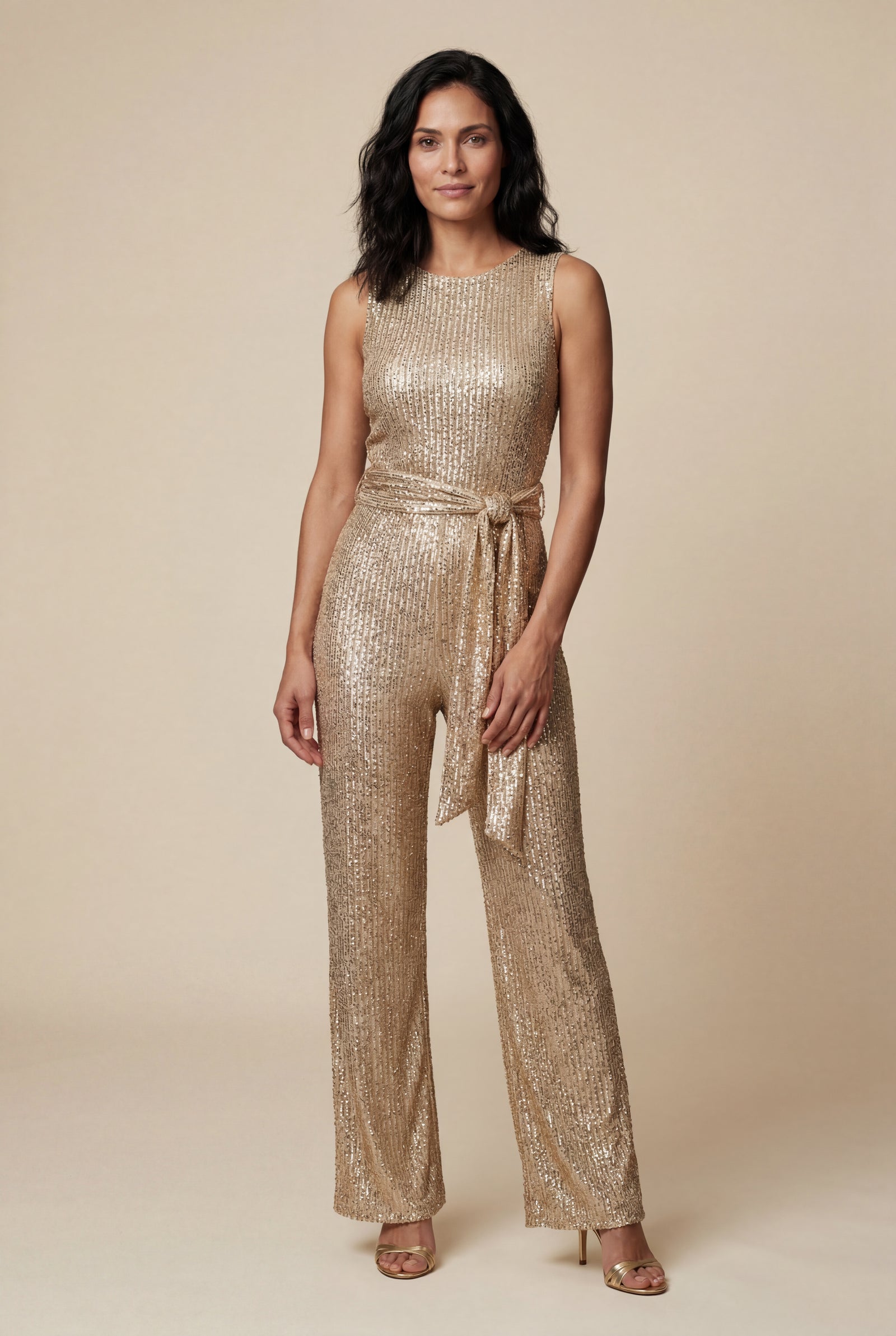 Gold Belted Sleeveless Wide-leg Jumpsuit - Sequin jumpsuit - Photo 16