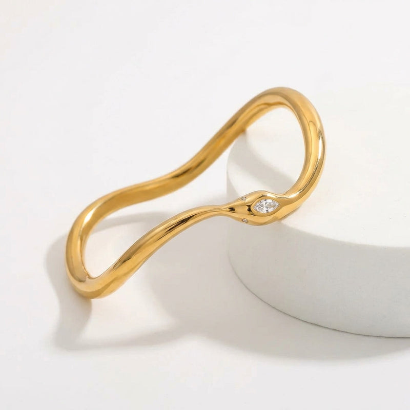 Gold Curved Gold Snake Bangle with Diamond Accent - Bracelets - Photo 1