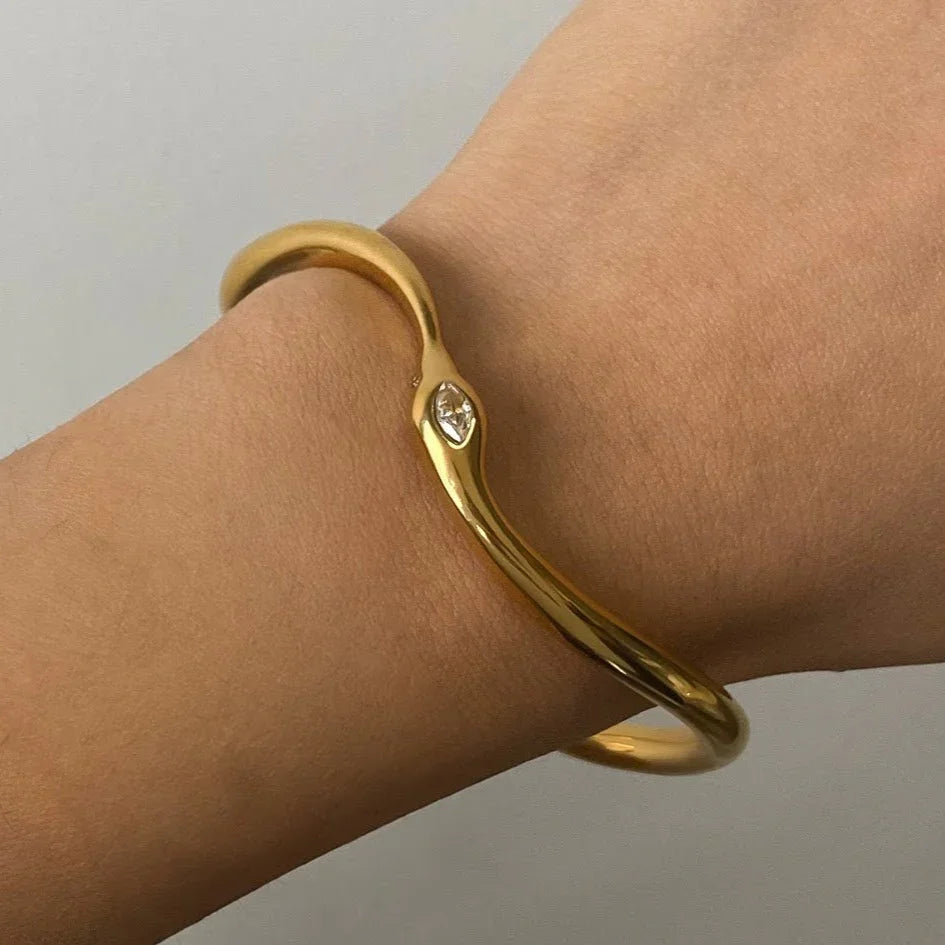 Gold Curved Gold Snake Bangle with Diamond Accent - Bracelets - Photo 2