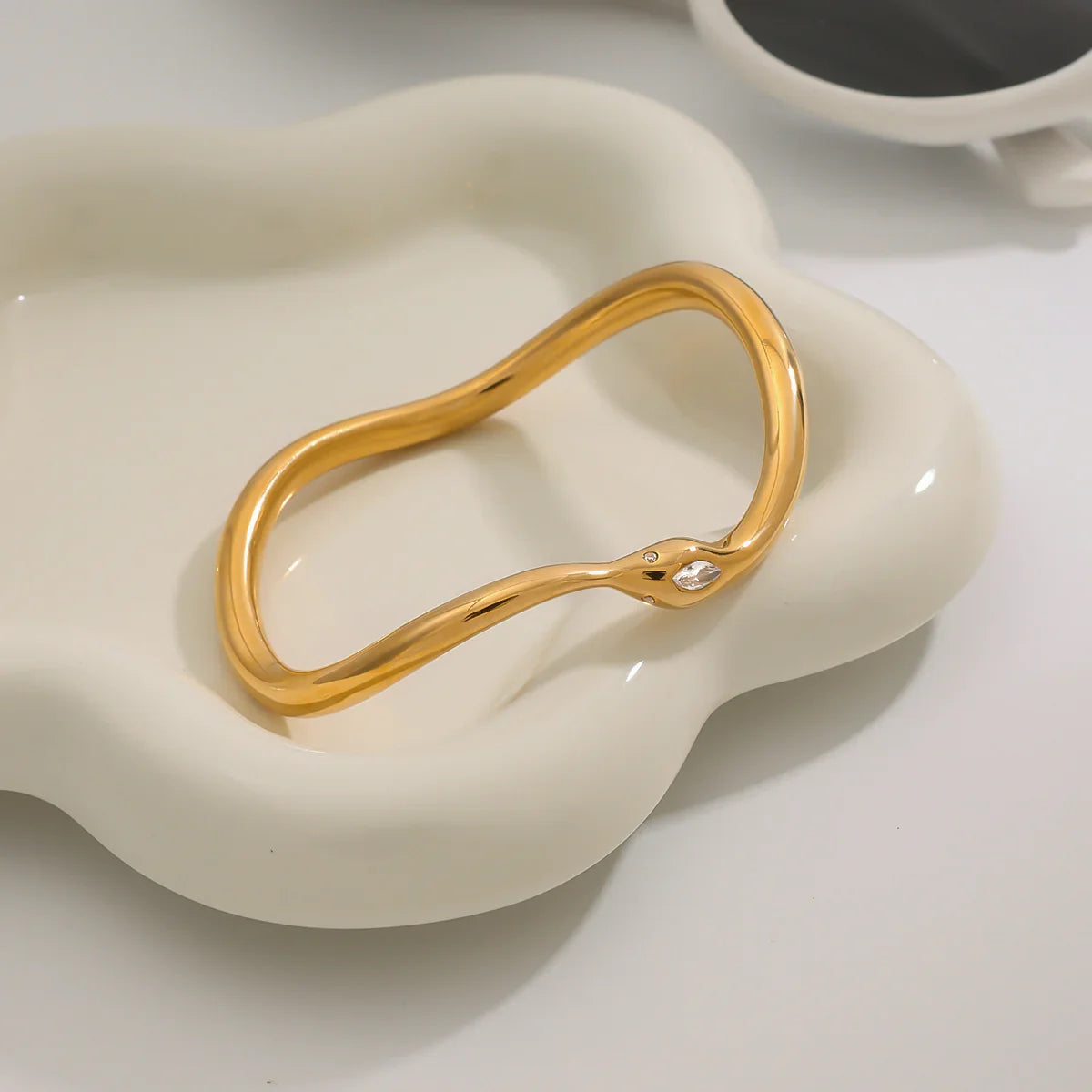 Gold Curved Gold Snake Bangle with Diamond Accent - Bracelets - Photo 6