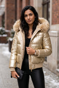 Faux Fur Trim Puffer Jacket in Gold — studio front