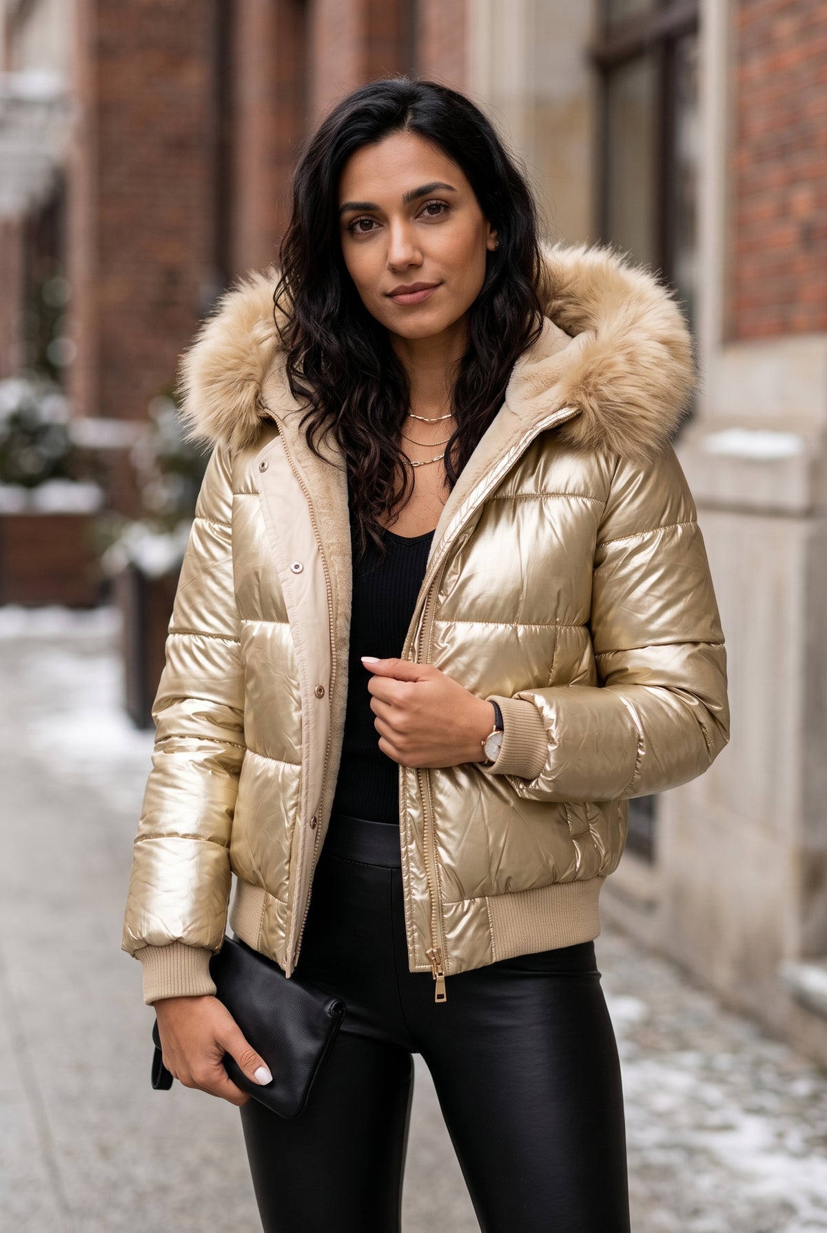 Faux Fur Trim Puffer Jacket in Gold — studio front