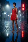 Red Fringe Feather-trim Mini Cocktail Dress - Mini dress - Photo 11