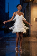 White Fringe Feather-trim Mini Cocktail Dress - Mini dress - Photo 18