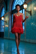 Red Fringe Feather-trim Mini Cocktail Dress - Mini dress - Photo 7