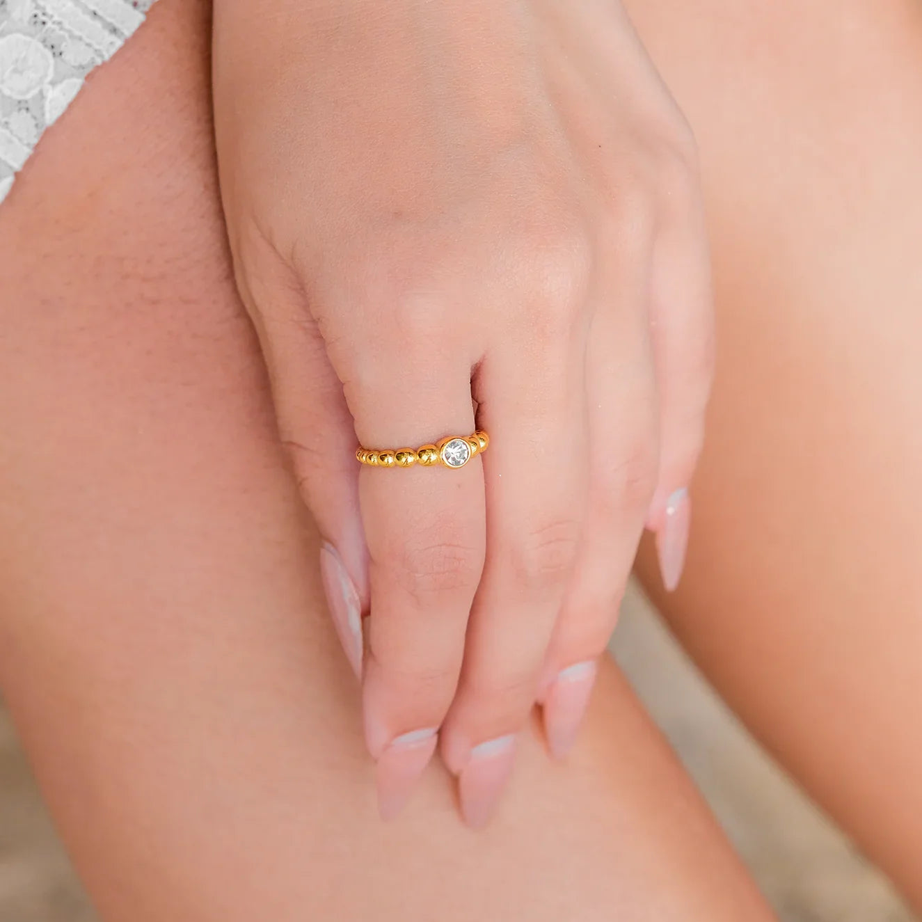 Gold Gold Beaded Adjustable Statement Ring with Solitaire Crystal - Statement rings - Photo 2