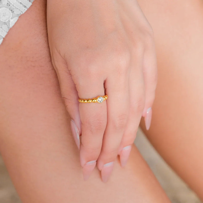 Gold Gold Beaded Adjustable Statement Ring with Solitaire Crystal - Statement rings - Photo 2