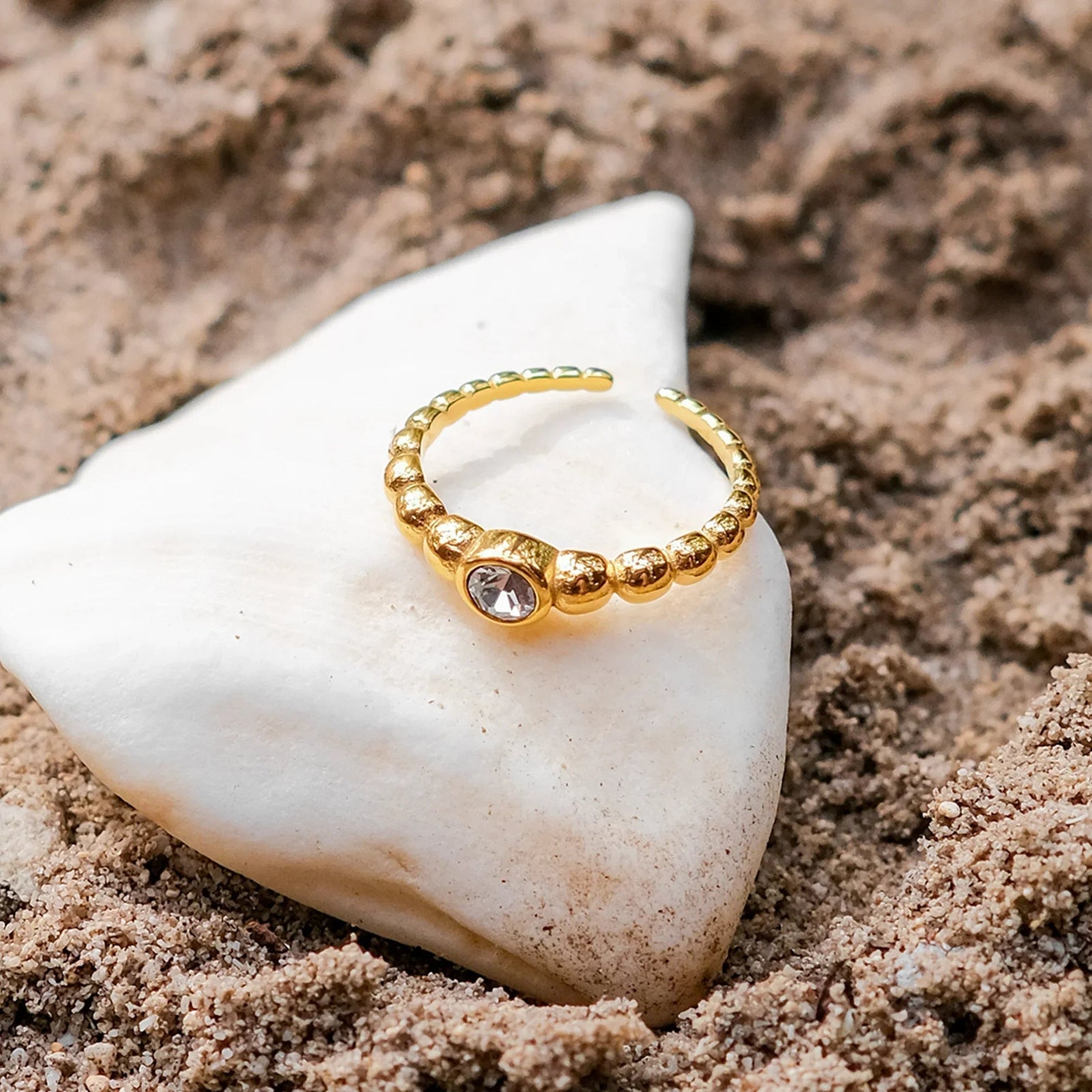Gold Gold Beaded Adjustable Statement Ring with Solitaire Crystal - Statement rings - Photo 3