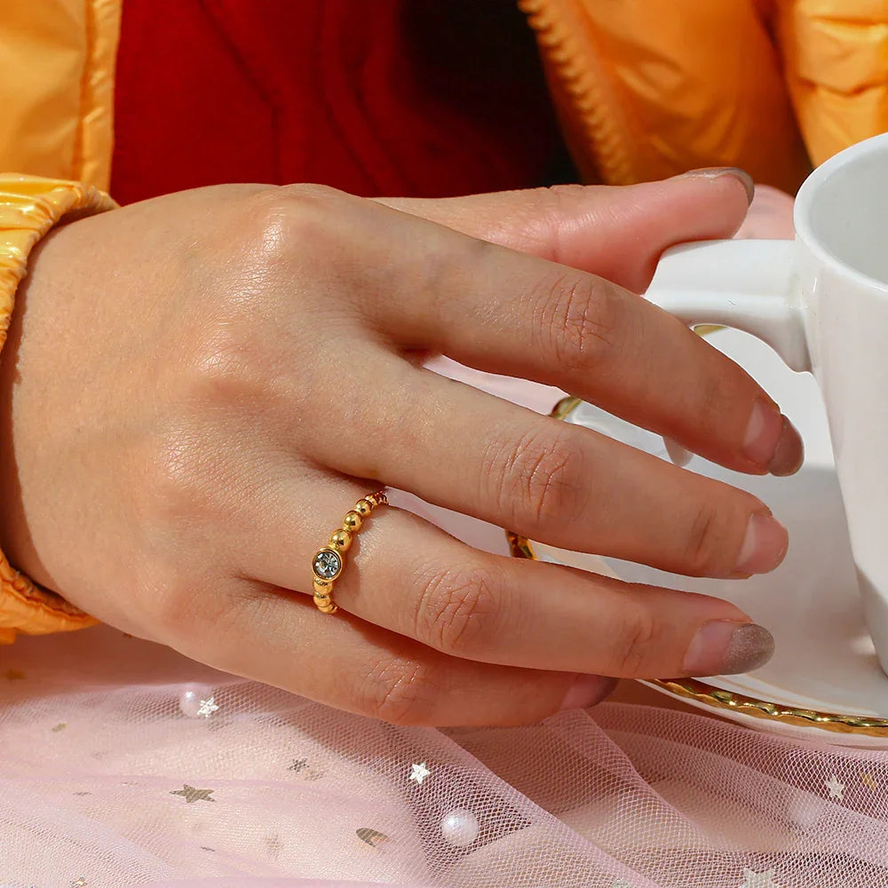 Gold Gold Beaded Adjustable Statement Ring with Solitaire Crystal - Statement rings - Photo 4
