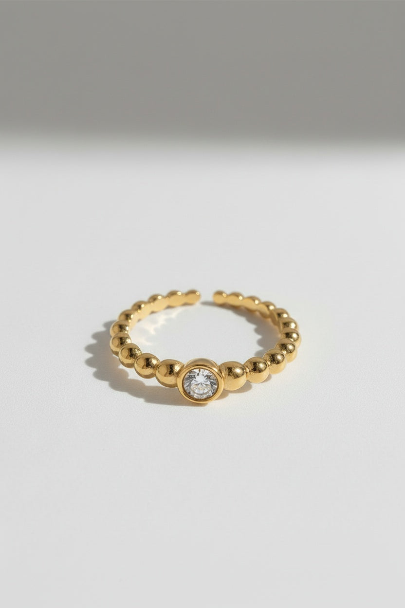 Gold Gold Beaded Adjustable Statement Ring with Solitaire Crystal - Statement rings - Photo 6
