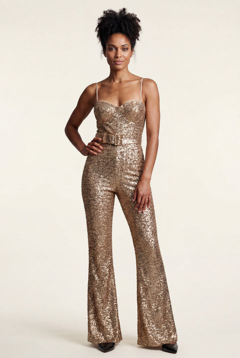 Gold Belted Flared Jumpsuit