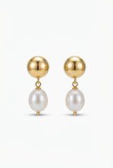 Gold Gold Dome Stud Drop Earrings with Freshwater Pearl - Photo 1