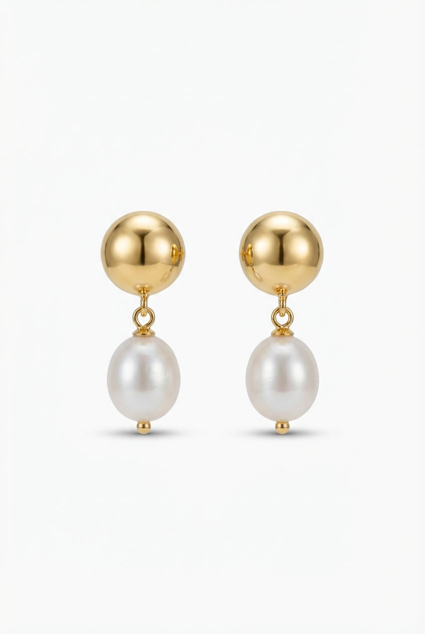 Gold Gold Dome Stud Drop Earrings with Freshwater Pearl - Photo 1