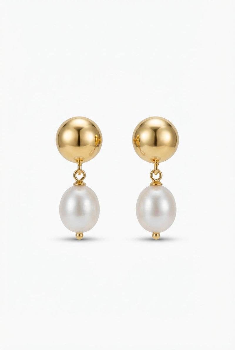 Gold Gold Dome Stud Drop Earrings with Freshwater Pearl - Photo 1
