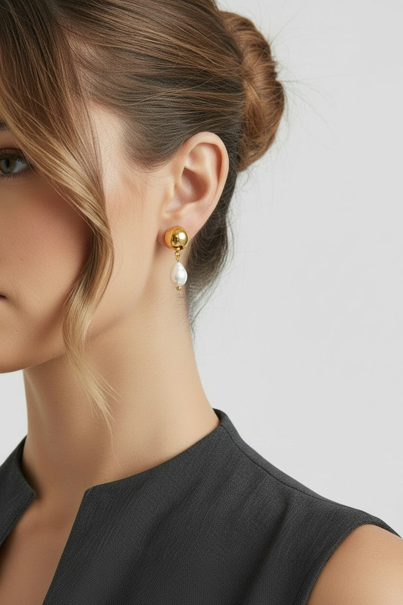 Gold Gold Dome Stud Drop Earrings with Freshwater Pearl - Photo 2