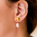 Gold Gold Dome Stud Drop Earrings with Freshwater Pearl - Photo 3