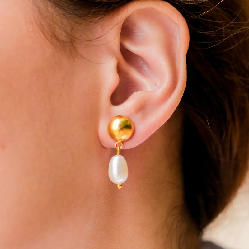 Gold Gold Dome Stud Drop Earrings with Freshwater Pearl - Photo 3