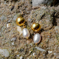 Gold Gold Dome Stud Drop Earrings with Freshwater Pearl - Photo 5