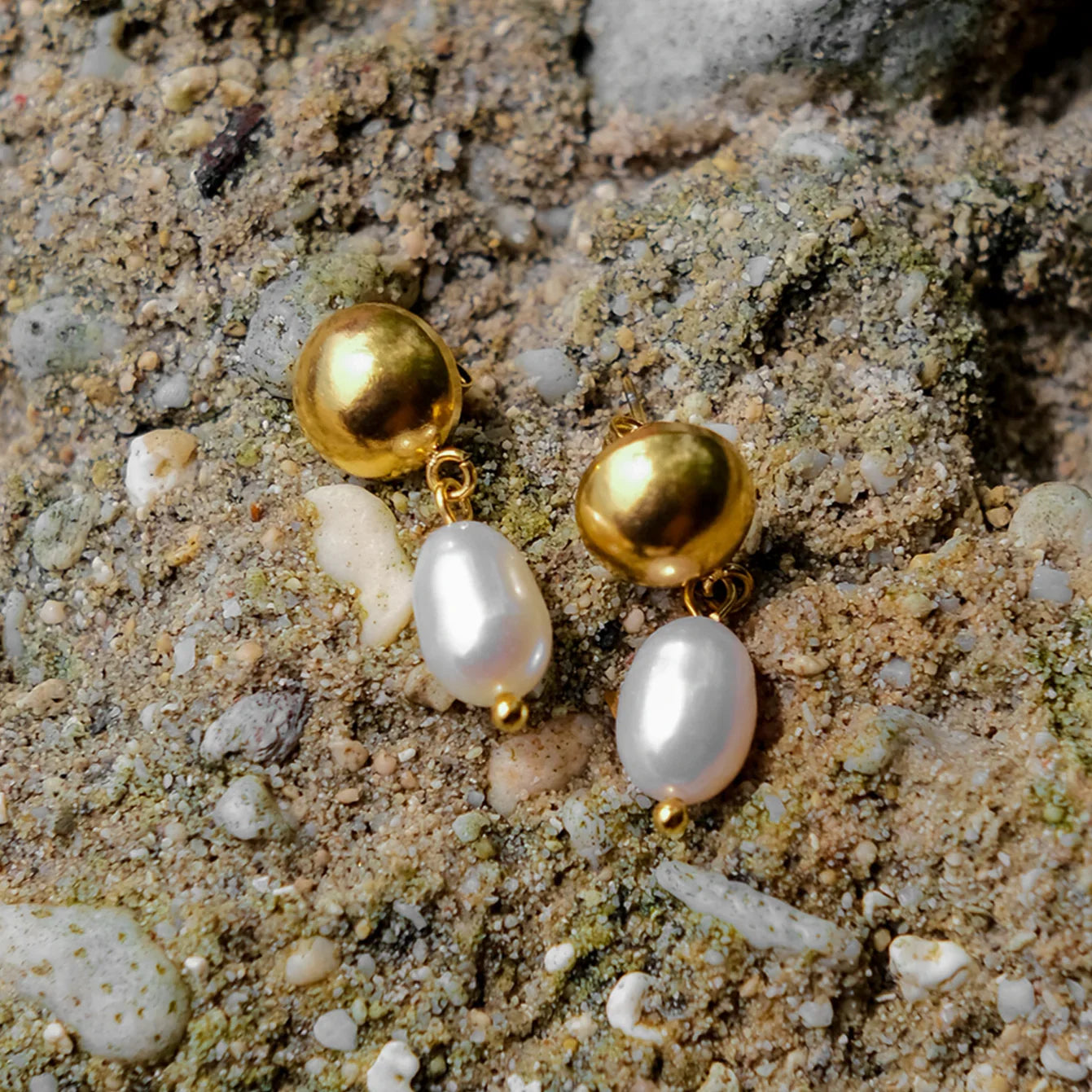 Gold Gold Dome Stud Drop Earrings with Freshwater Pearl - Photo 5