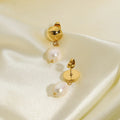 Gold Gold Dome Stud Drop Earrings with Freshwater Pearl - Photo 7