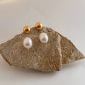 Gold Gold Dome Stud Drop Earrings with Freshwater Pearl - Photo 8