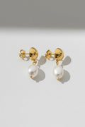 Gold Gold Dome Stud Drop Earrings with Freshwater Pearl - Photo 9