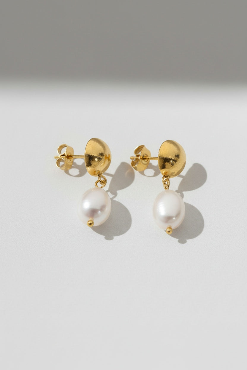 Gold Gold Dome Stud Drop Earrings with Freshwater Pearl - Photo 9