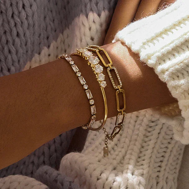 Gold Gold Open Bangle Bracelet with Graduated Diamond-style Stones - Bangles - Photo 4