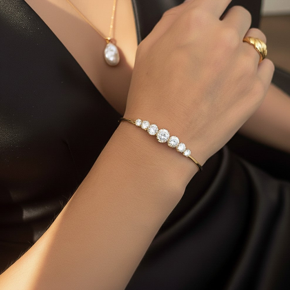 Gold Gold Open Bangle Bracelet with Graduated Diamond-style Stones - Bangles - Photo 5