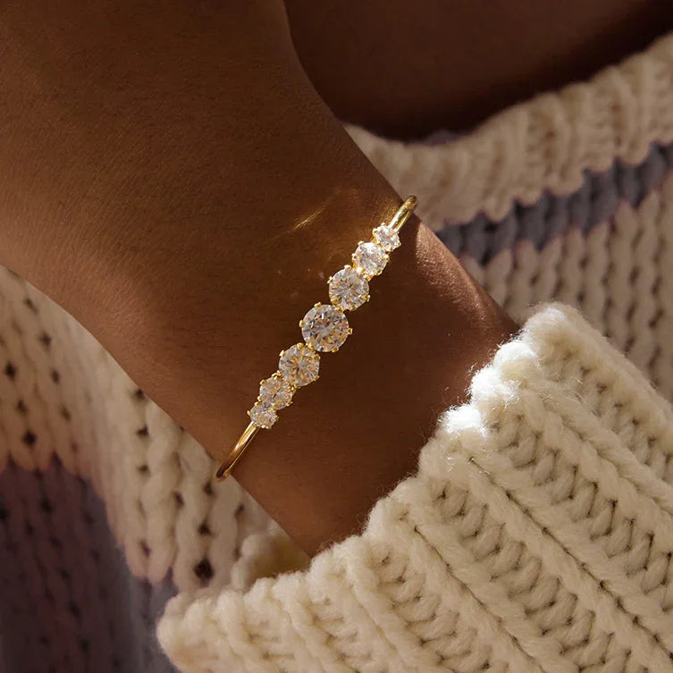 Gold Gold Open Bangle Bracelet with Graduated Diamond-style Stones - Bangles - Photo 6