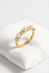 Gold Gold Pearl and Cubic Zirconia Slim Accent Ring - Rings - Photo 1