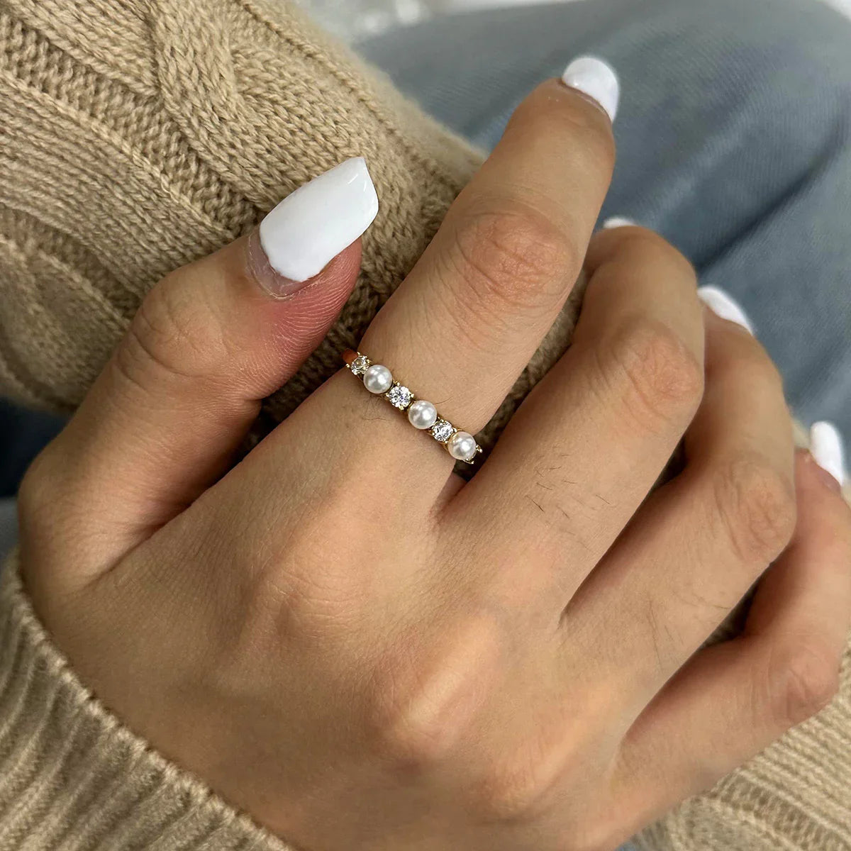 Gold Gold Pearl and Cubic Zirconia Slim Accent Ring - Rings - Photo 2