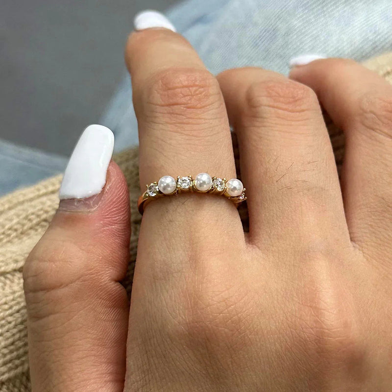 Gold Gold Pearl and Cubic Zirconia Slim Accent Ring - Rings - Photo 3
