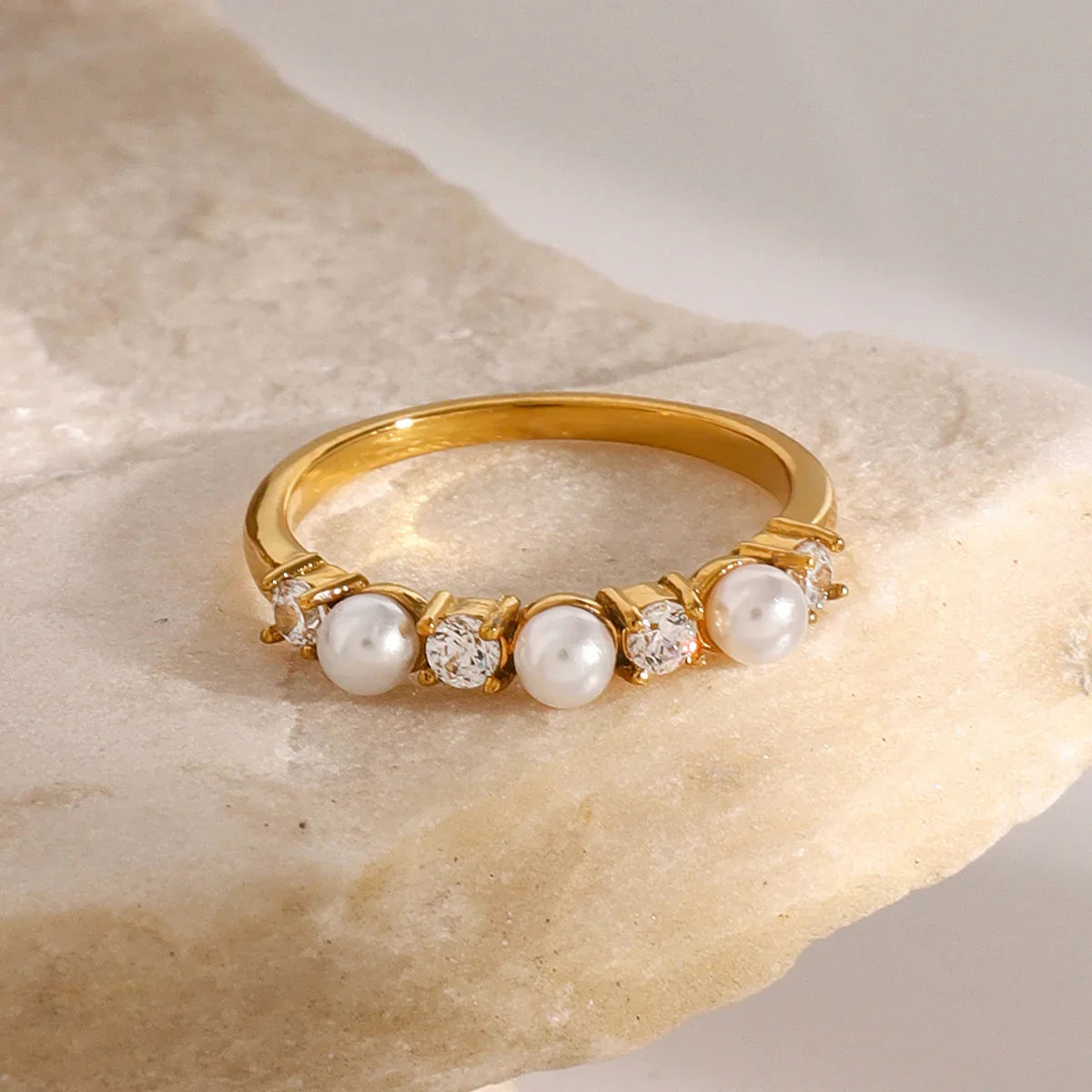 Gold Gold Pearl and Cubic Zirconia Slim Accent Ring - Rings - Photo 5