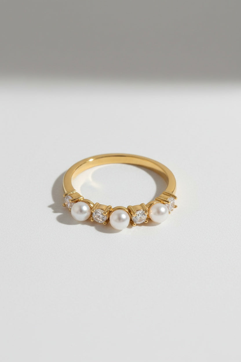Gold Gold Pearl and Cubic Zirconia Slim Accent Ring - Rings - Photo 6