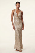 Gold Halter Neck Cowl Maxi Dress with Open Back - Photo 1
