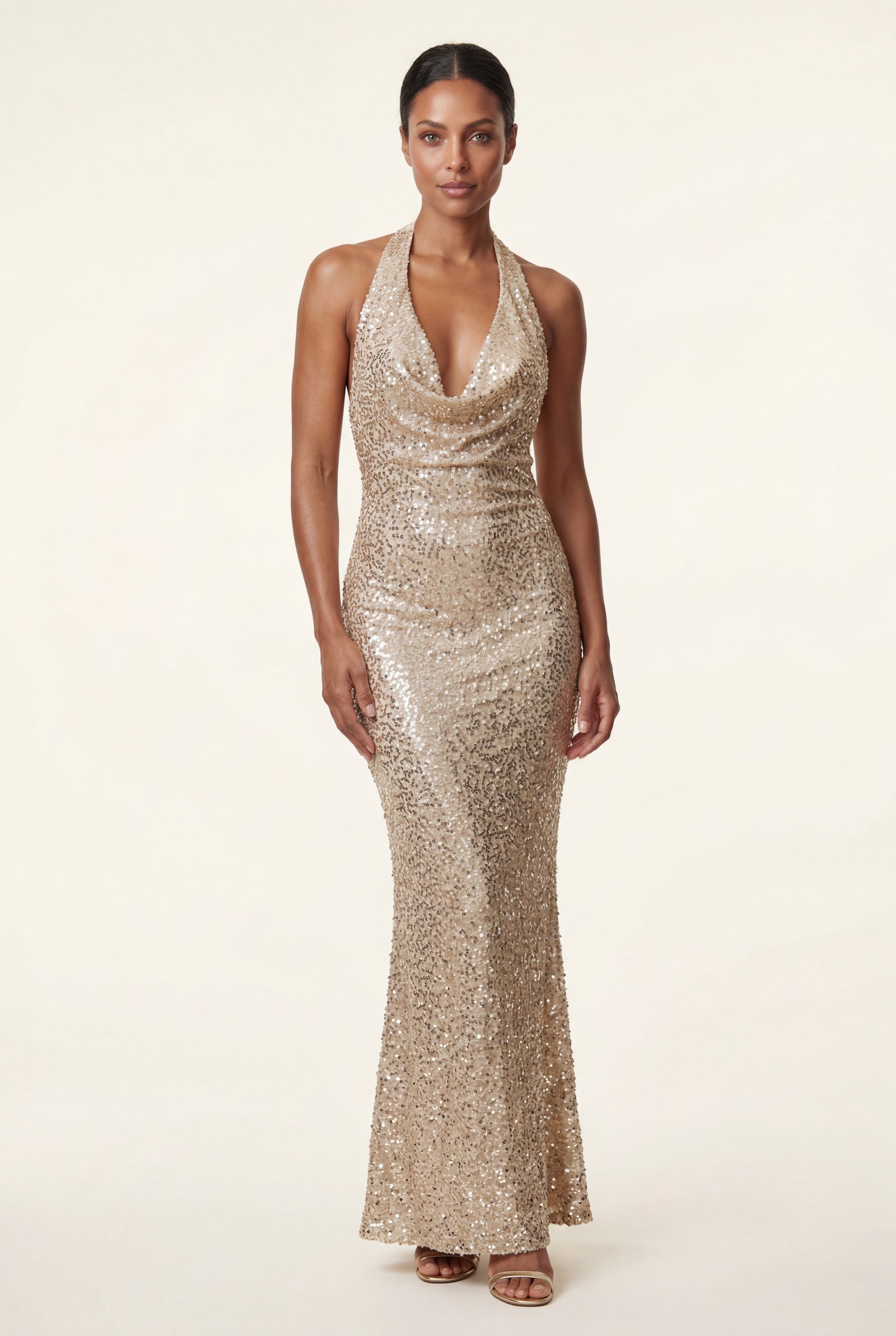 Gold Halter Neck Cowl Maxi Dress with Open Back - Photo 1