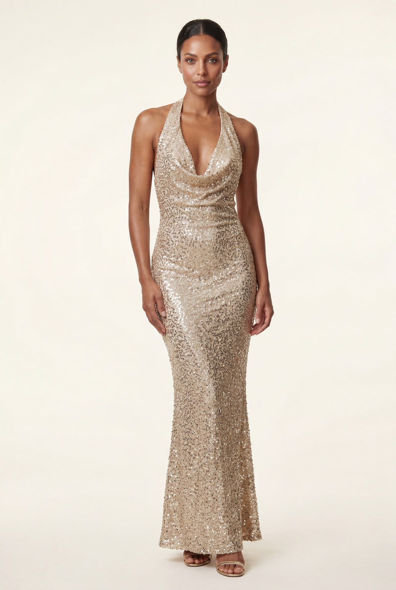 Gold Halter Neck Cowl Maxi Dress with Open Back - Photo 1