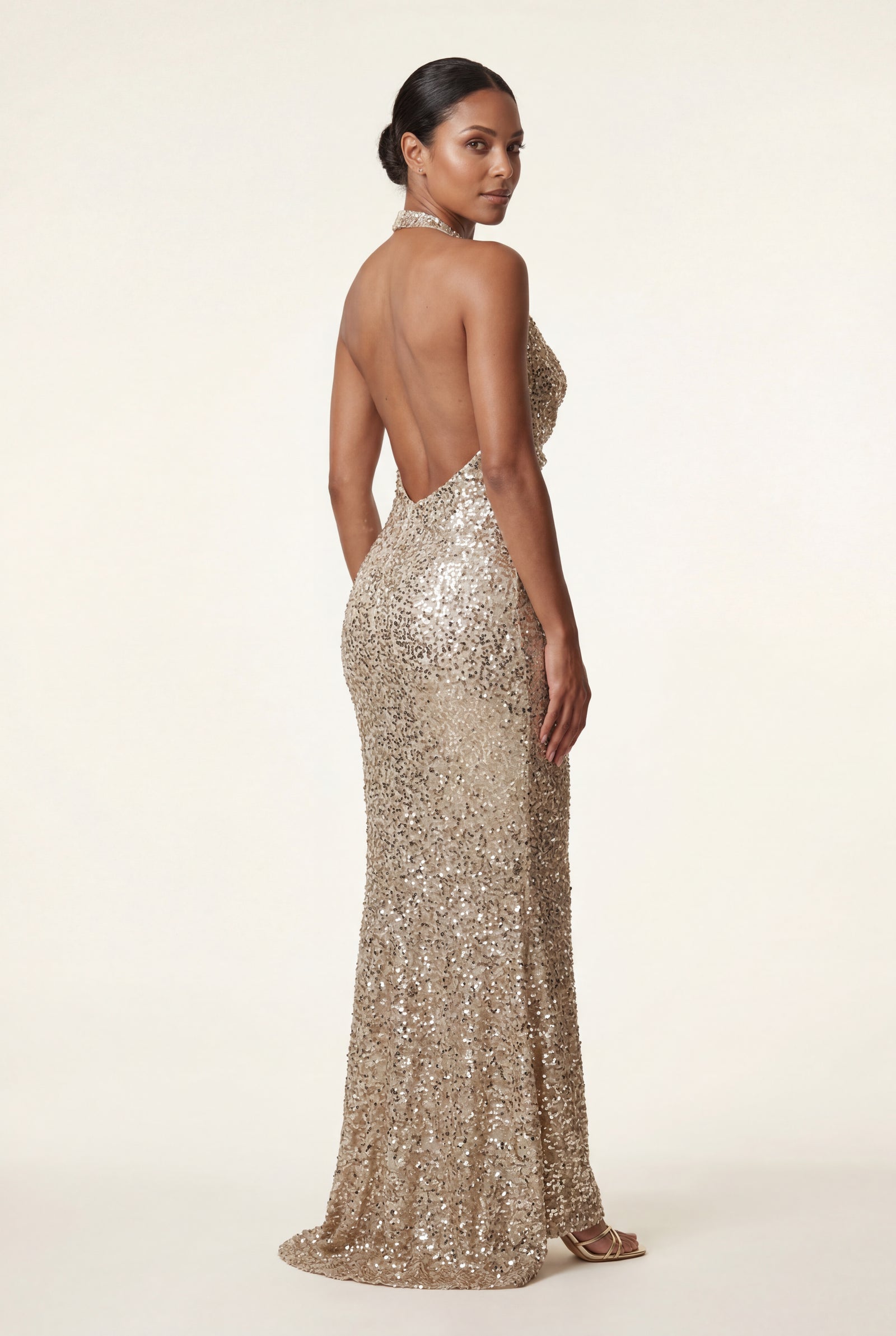 Gold Halter Neck Cowl Maxi Dress with Open Back - Photo 3