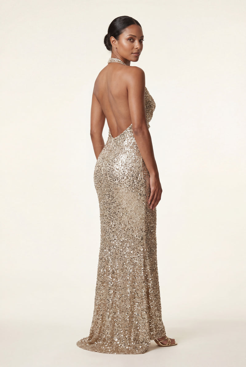 Gold Halter Neck Cowl Maxi Dress with Open Back - Photo 3