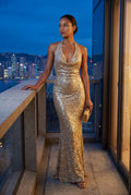 Gold Halter Neck Cowl Maxi Dress with Open Back - Photo 8
