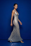 Silver Halter Neck Cowl Maxi Dress with Open Back - Photo 9