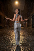 Silver High Neck Wide-leg Formal Jumpsuit - Photo 9